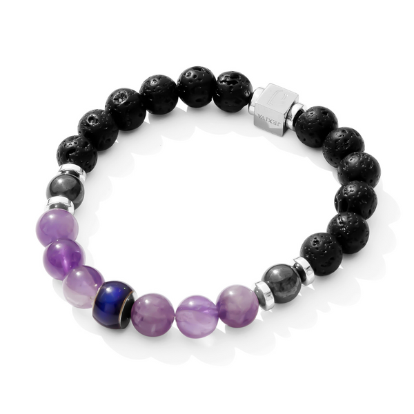 His and Hers Beaded Bracelet Set, lava stone and amethyst with newest sterling silver hands charm and silver hematite spacers