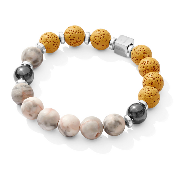 Unisex Stretch Bracelet - Pink Zebra, Lava, Hematite Natural Stone