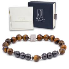 Unisex Stretch Bracelet - Tiger Eye, Hematite Natural Stone - Grounding, Balance, Harmony, Protection, Luck, Meditation & Boosts Creativity - 8mm Beads - With a Luxury Gift Box