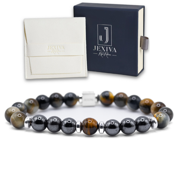 Unisex Stretch Bracelet - Tiger Eye, Hematite Natural Stone - Grounding, Balance, Harmony, Protection, Luck, Meditation & Boosts Creativity - 8mm Beads - With a Luxury Gift Box