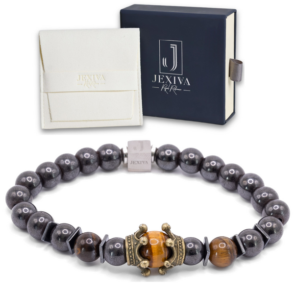 Unisex Stretch Bracelet - Tiger Eye, Hematite Natural Stone - Stress Relief, Balance, Harmony, Protection, Luck, Meditation, Emotional Healing & Boosts Creativity - 8mm Beads - With a Luxury Gift Box