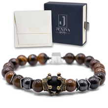 Unisex Stretch Bracelet - Tiger Eye, Hematite Natural Stone - Stress Relief, Balance, Harmony, Protection, Luck, Meditation, Emotional Healing & Boosts Creativity - 8mm Beads - With a Luxury Gift Box