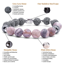 Unisex Stretch Bracelet - Pink Zebra, Lava, Hematite Natural Stone - Stress Relief, Balance, Chakra Activation, Protection, Luck, Meditation, Healing & Creativity - 10mm Beads - With a Luxury Gift Box