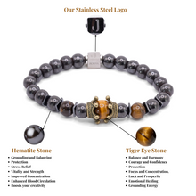 Unisex Stretch Bracelet - Tiger Eye, Hematite Natural Stone - Stress Relief, Balance, Harmony, Protection, Luck, Meditation, Emotional Healing & Boosts Creativity - 8mm Beads - With a Luxury Gift Box