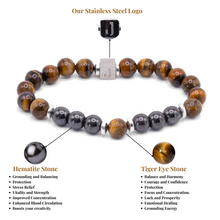 Unisex Stretch Bracelet - Tiger Eye, Hematite Natural Stone - Grounding, Balance, Harmony, Protection, Luck, Meditation & Boosts Creativity - 8mm Beads - With a Luxury Gift Box