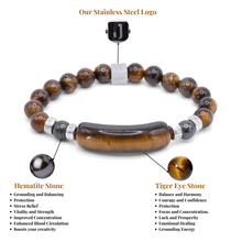 Unisex Stretch Bracelet - Tiger Eye, Hematite Natural Stone - Grounding, Balance, Harmony, Protection, Luck, Meditation & Boosts Creativity - 8mm Beads - With a Luxury Gift Box