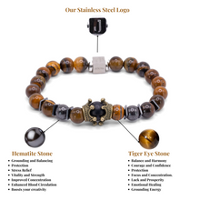 Unisex Stretch Bracelet - Tiger Eye, Hematite Natural Stone - Stress Relief, Balance, Harmony, Protection, Luck, Meditation, Emotional Healing & Boosts Creativity - 8mm Beads - With a Luxury Gift Box