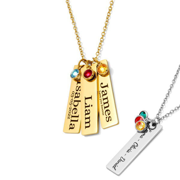 Personalized Birthstone Name Necklace – Custom Engraved Stainless Steel Pendant with 1 to 6 Name Bars – Gold & gold PVD Plated – Non-Tarnish – Gift for Her, Mom, Dad – Adjustable Chain - Jexiva