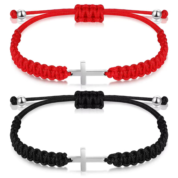 2Pcs Couples Bracelet - Stainless Steel - Christian Cross - Adjustable Strong Woven Rope - Couples, Family & Friendship Bracelet for Men & Women Gift