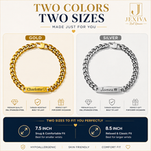 Unisex Personalized Engraved Miami Link ID Bracelet - Custom Names, Date, Coordinates, Symbols - 316L Stainless Steel 7mm Cuban Chain - Double-Sided Engraving - Silver/PVD Gold Plated - 7.5in/8.5in - Casual Anniversary Gift - Jexiva
