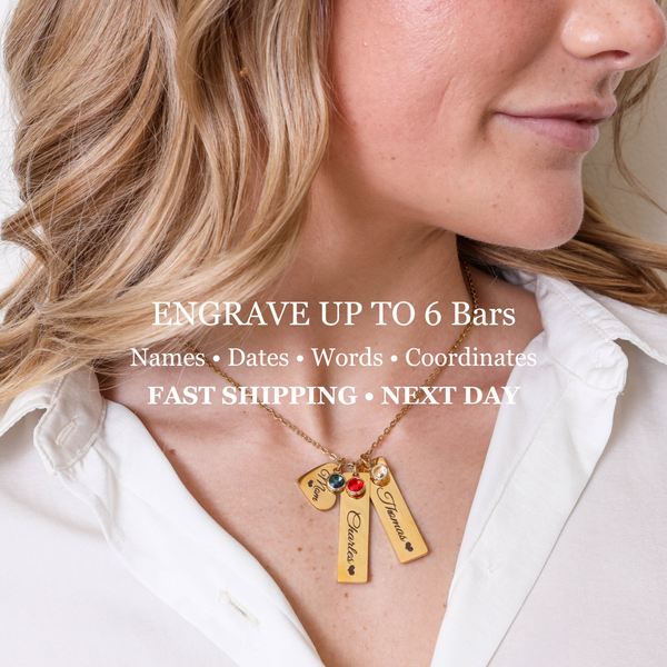 Personalized Engraved Bar & Heart Charm Necklace – Custom Name Jewelry for Women – Stainless Steel – PVD Gold Plated Tarnish-Resistant – Gift for Mom, Wife, Daughter – Birthday, Mother’s Day - Jexiva