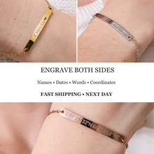 Personalized Name Engraved Bar Bracelet for Women/Men – PVD Plated Stainless Steel – Custom ID Tag – Adjustable Chain – Double Side Engraving – Gift for Birthday, Anniversary - Jexiva